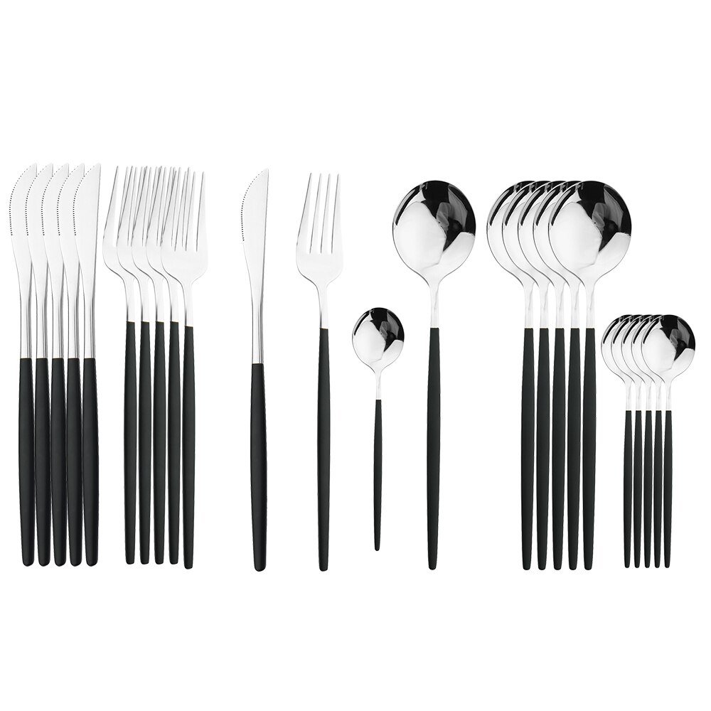 Juego de cubiertos dorados con mango negro, 24 Uds., cuchillo de acero inoxidable, tenedor, cuchara, vajilla, juego de cubiertos, vajilla de cocina para Festival,: Blanco