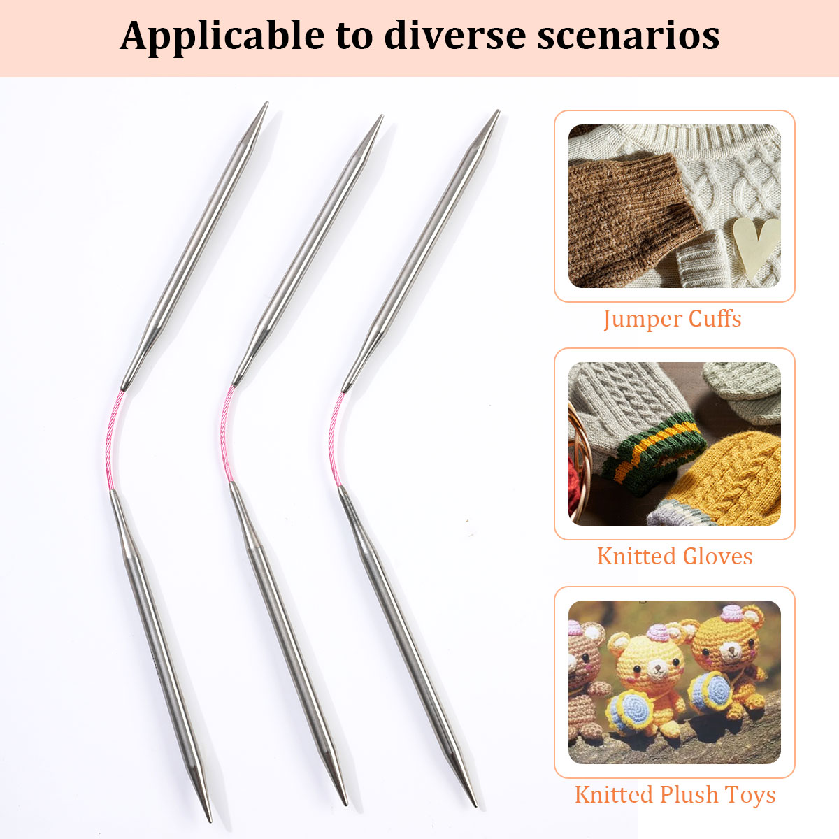 Agujas circulares cortas de 23cm, herramientas de tejer a mano huecas de acero inoxidable para manualidades de lana DIY