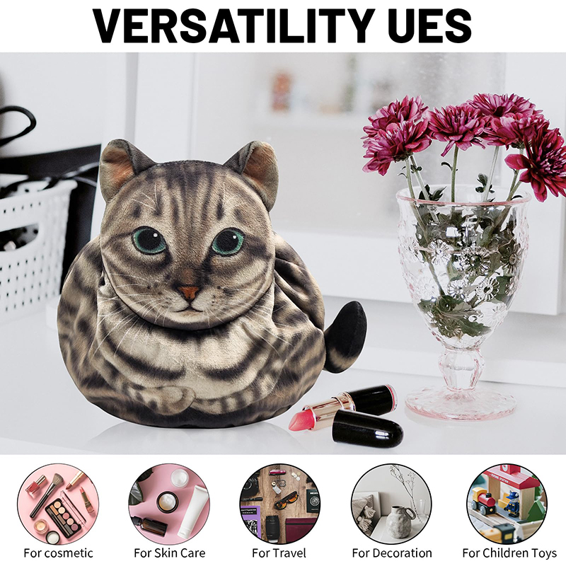 Leuke kat make-up tas trekkoord sluiting 3D kat hoofd platte cosmetische tas cadeau voor vrouwen kattenliefhebbers reisorganisator tas