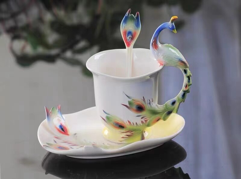 Keramik Tasse Elstern Pflaume Blüte Emaille farbe Kaffee Tasse mit Untertasse und Löffel Europäischen Kreative Tee tassen Tee tasse einstellen