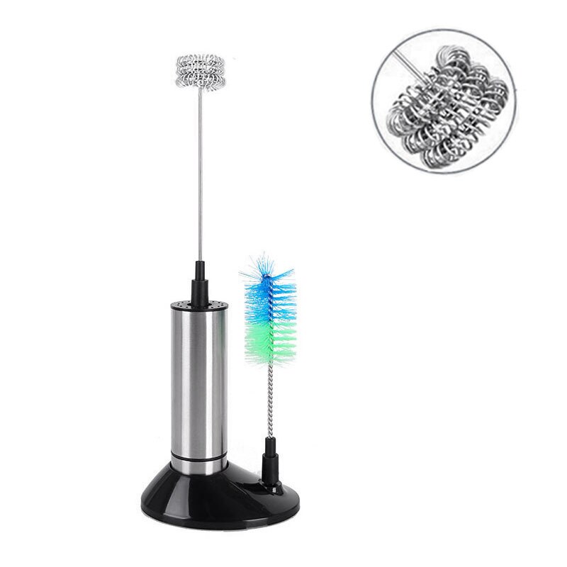 Stainless Steel Handheld Electric Milk Frothers 3-Spring Whisk Head Milk Frother With Base Cleaning Brush