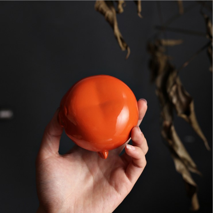 simple and cute Pig Ceramic miniature Tea caddy Orange and Green