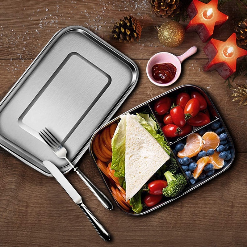 Stainless Steel Bento Box Lunch Container,3-Compartment Bento Lunch Box for Sandwich and Two Sides,1400 Ml Food Container for Ki