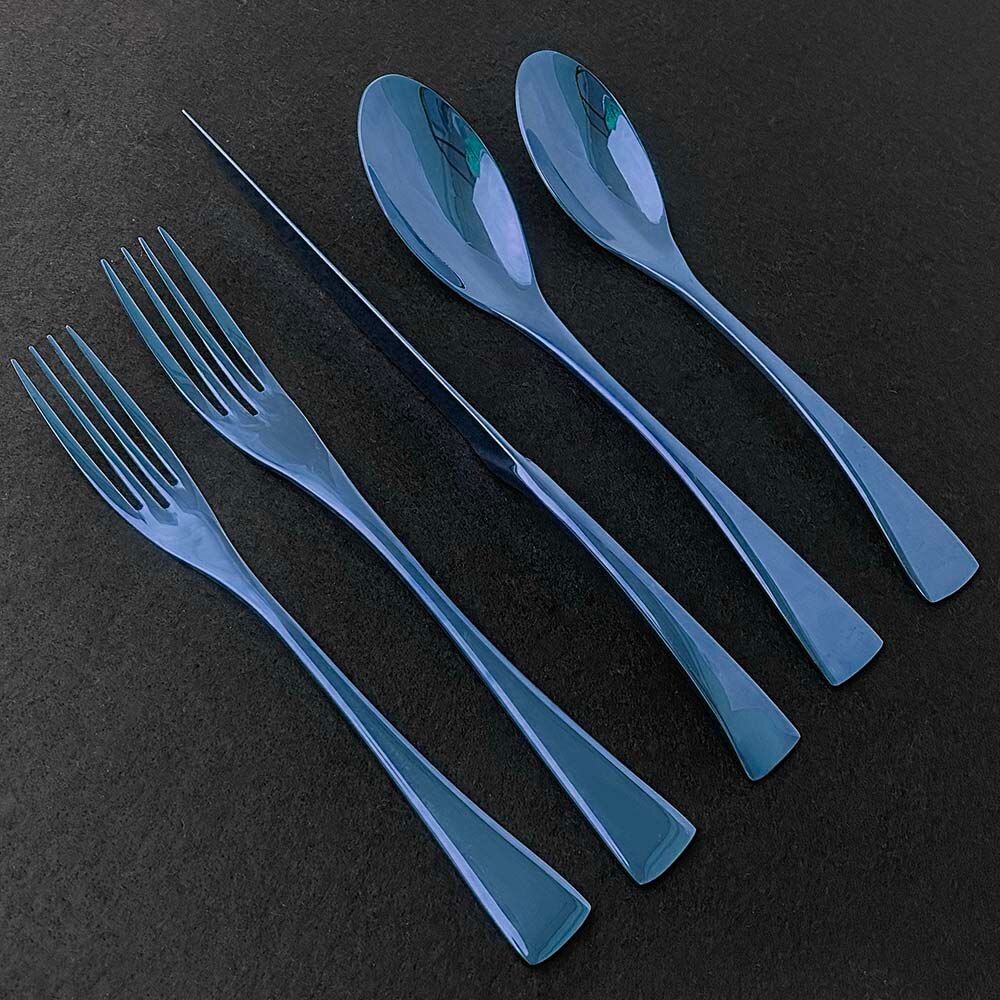 5/20Pcs Silver Dinnerware Set Mirror Cutlery Set Kitchen Silverware Flatware Set Steak Tableware For Party Spoon Fork Knife: 5Pcs / Blue
