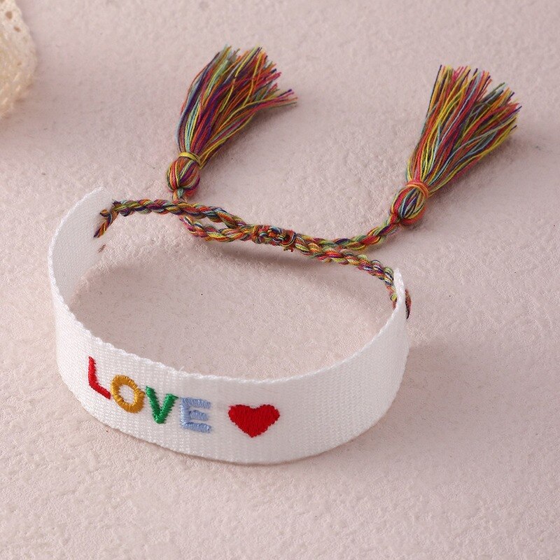 Bracelet en tissu brodé de lettres ethniques pour femmes, bijoux de luxe, style bohème, pompon réglable, d&#39;amitié
