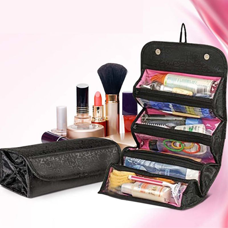 Travel Roll-up Cosmetic Makeup Case Foldable Organizer Pouch Hanging Toiletry Wash Bag Storage Bags 4 zipper compartment: Black