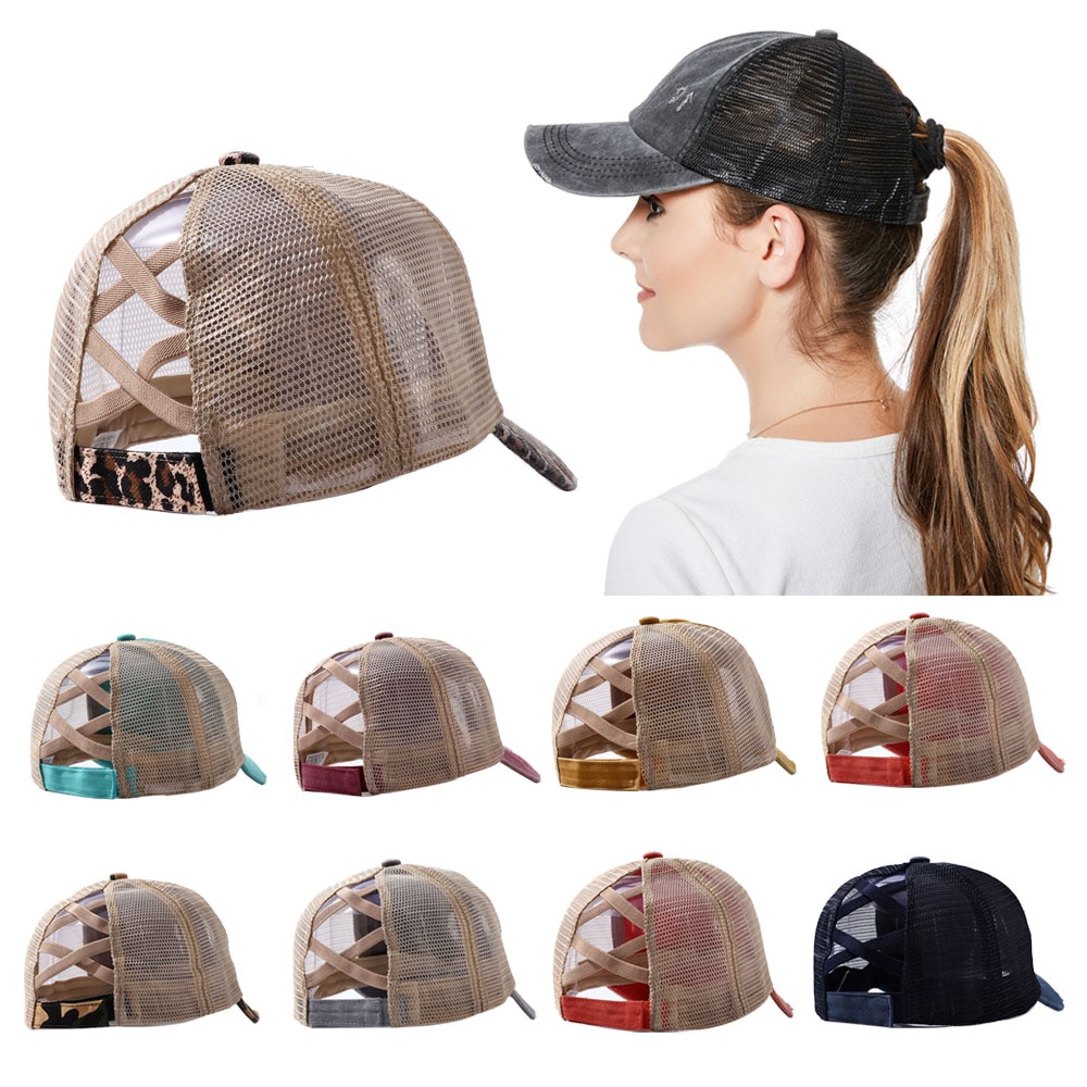 verano entrecruzado Cola de Caballo gorra de béisbol mujeres lavado algodón desordenado moño Pony Tail Hat Snapback malla camionero papá sombreros