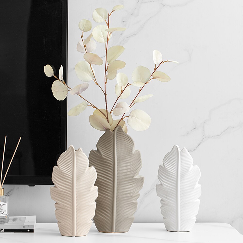 Bathroom Decoration Accessories Ceramic Vase Leaves Model Modern Home Decoration Flower Vase Living Room Decoration White Vases