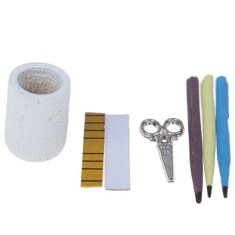 1:12 Dollhouse Miniature Pen Cup Holder with Pencil Ruler Scissor Accessories