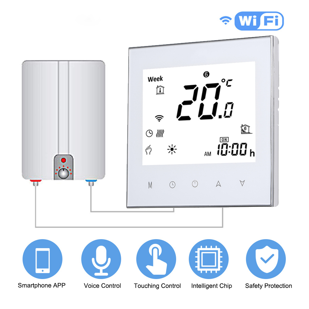 LCD Digital Touchscreen Thermostat For Water/Gas Boiler Heating with WiFi Connection&amp;Voice Control Energy Saving AC 95-240V: GC white with wifi