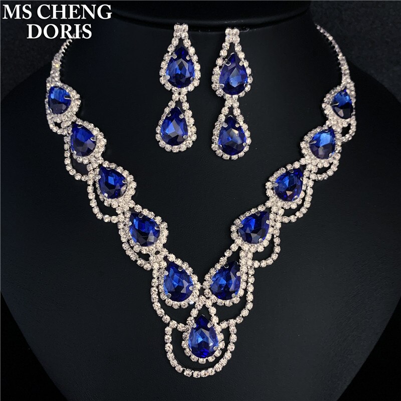 Luxury Royal Blue Crystal Bridal Jewelry Sets Rhinestone Statement Choker Necklace Earrings Women Wedding Jewelry Sets: 7