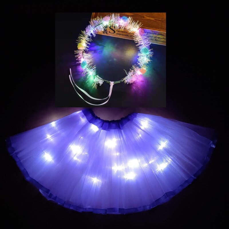 Light LED Girl Kids Clothes Tutu Skirt Princess Party Tutus Child Ballet Dance Christmas sky blue With garland: Purple