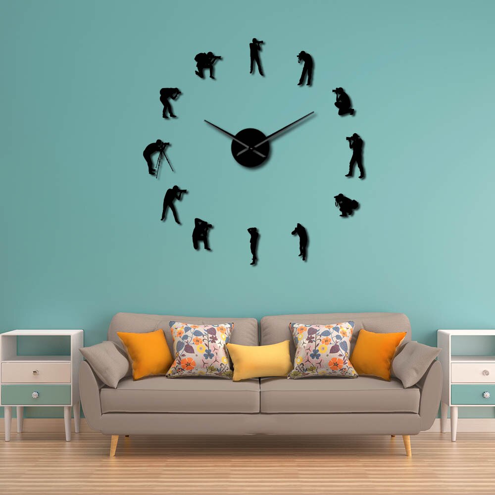 Photographers Modern Big Wall Clock Cameraman Photo Studio Room Decor Diy Acrylic Mirror Sticker Wall Watch Photography