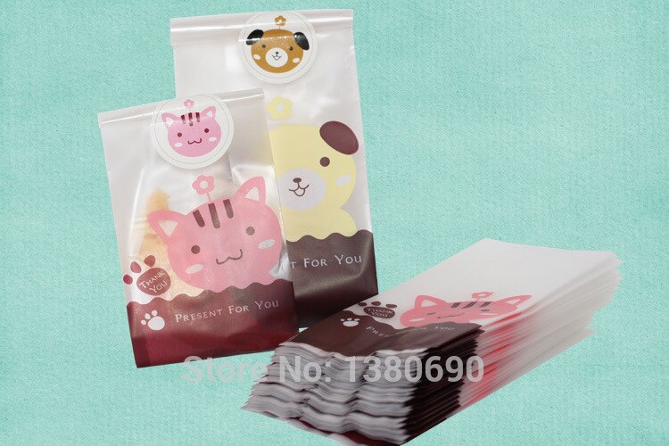 50 teile/los Keks Cookie Tasche + Dicht Aufkleber zurück Packungen Kuchen Taschen Nette Hund Katze aufbringen Verpackung für Kekse taschen