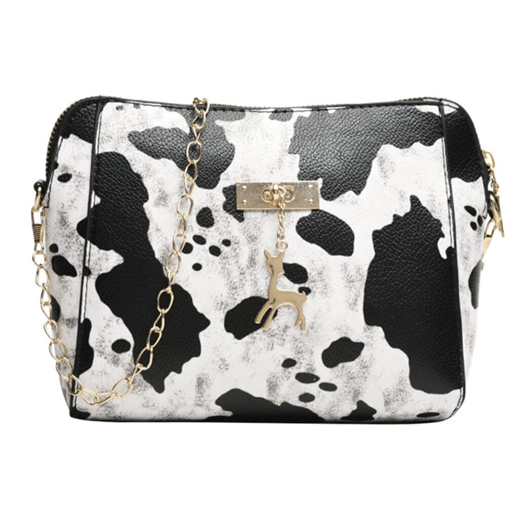 Bandolera con estampado de leopardo para mujer, bolso de mano con colgante de cervatillo, bandolera de concha,: Blanco
