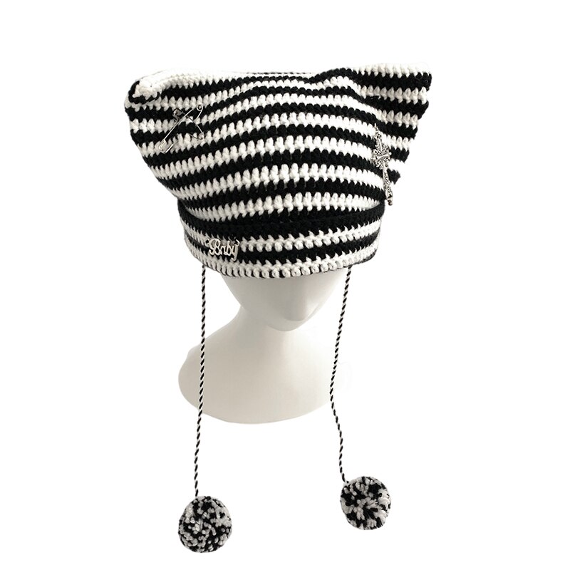 Harajuku Punk Gothic Knitted Cat Ear Hat Women Kawaii Cross PinWinter Beanie Hat Female Girls Accessories: black