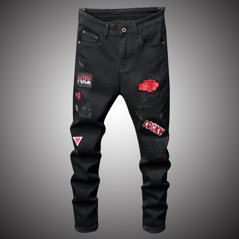 Jeans preto dos homens rosa bordado denim calças 2020 moda casual rosa flores bordados denim calças masculinas bp022