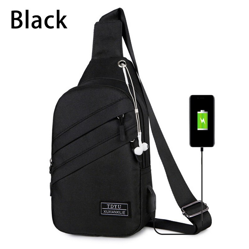 USB Charging Shoulder Bag Anti-theft chest bag casual waterproof diagonal bag version of the headset hole bags: black