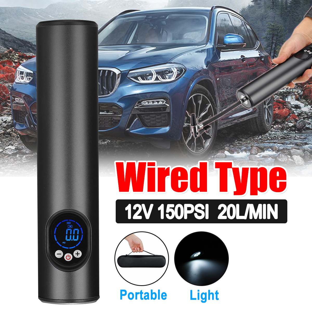 3 Buttons LCD Handheld Inflatable Pump Tyre Portable Compressor Digital Car Tyre Pump Preset Pressure 12V 150PSI 20L/min: 3 Buttons Black