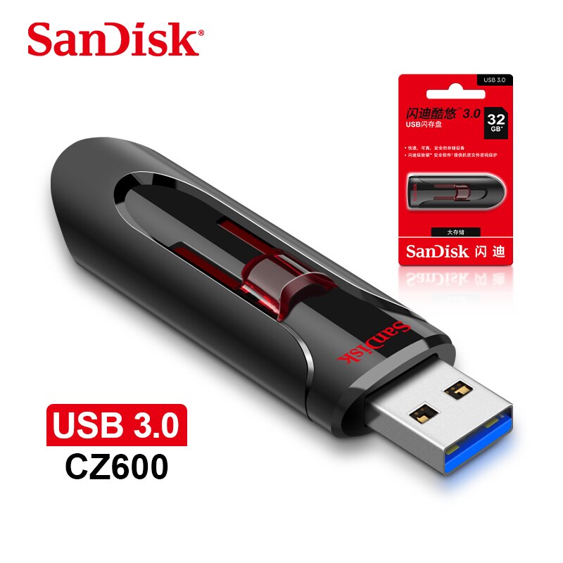 Sandisk Originele Cruzer Glide 3.0 Usb Flash Drive CZ600 Intrekbare 16Gb 32Gb 64Gb 128Gb 256Gb memory Stick Pen Drive U Stok