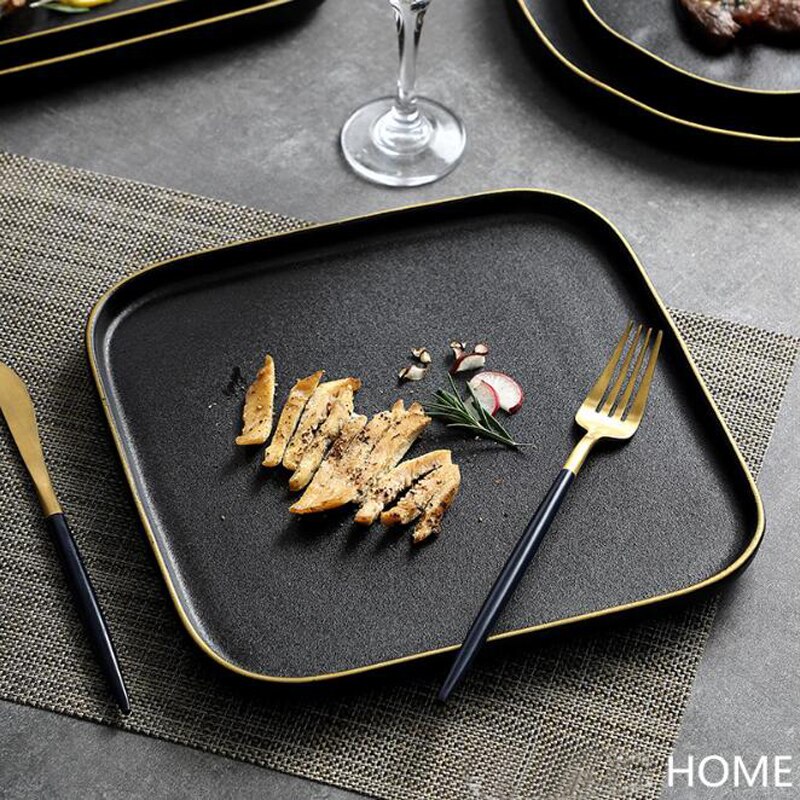 Nordic Golden Edge Plate Tray Ceramic Home Round Western Steak Dish Dessert Plate Frosted Disc Square Kitchen Cutlery Tray