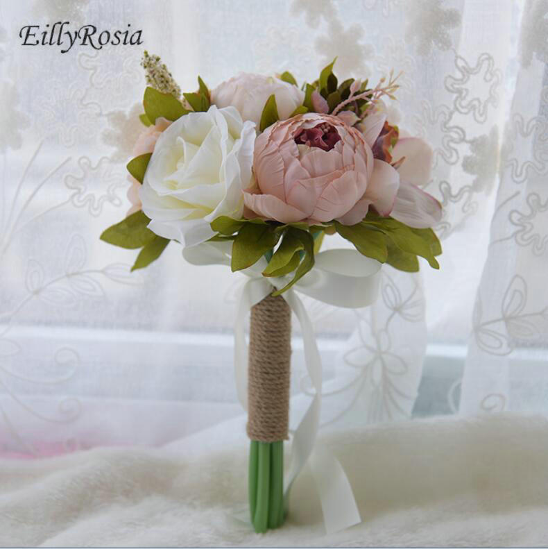 Billiga enkla brudbuketter blommor för bröllop röda och vita konstgjorda tärnor handhåll utomhus bröllop fleur mariage: Samma som bilden