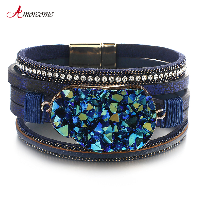 Amorcome-Pulseras de cuero redondas de resina para mujer, brazaletes bohemios multicapa, joyería, dijes,
