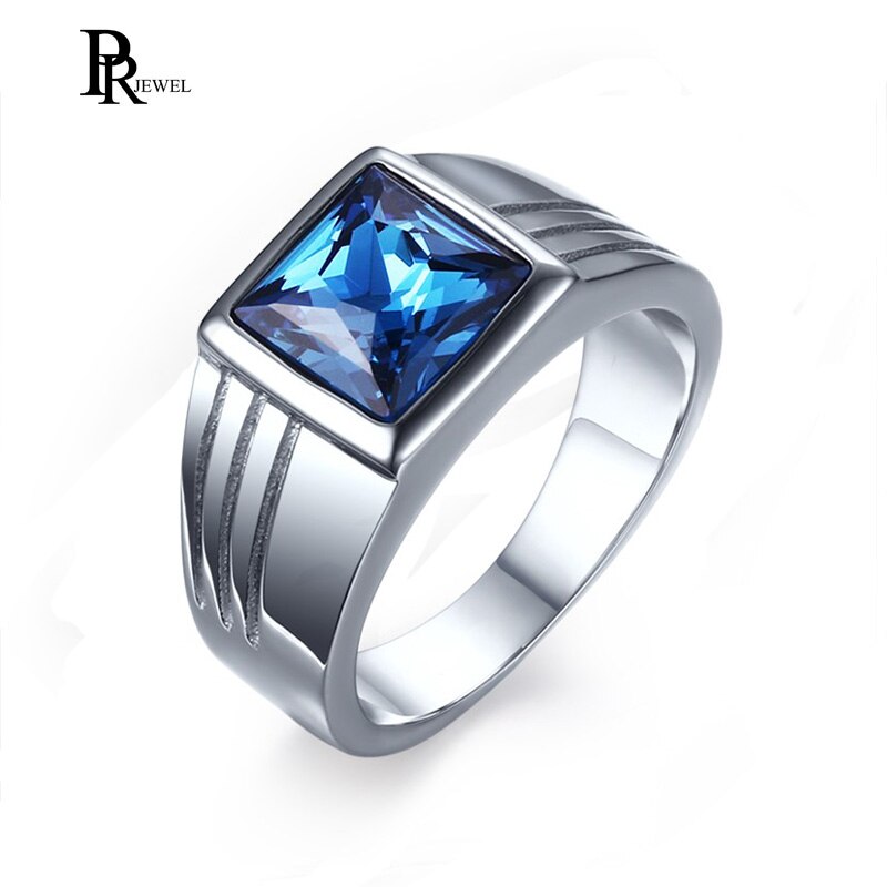 Bagues signées en strass bleu pour hommes, couleur argent unie, ton acier inoxydable, bijoux d'anniversaire de fiançailles