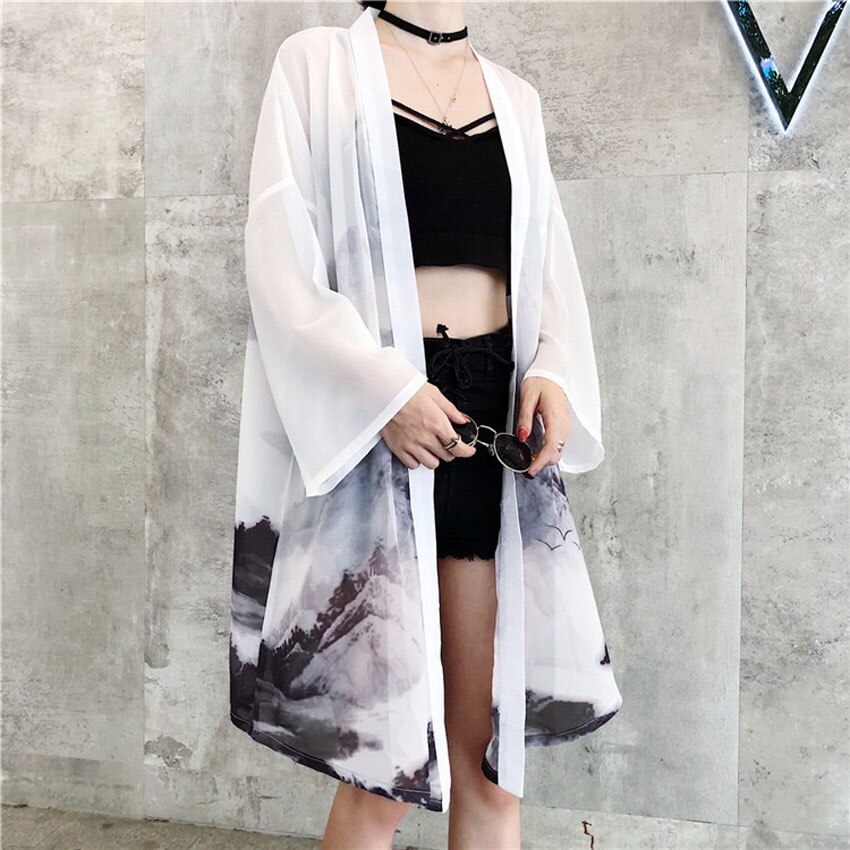 2022 Sunscreen Woman Japanese Traditional Kimono Cardigan Chinese Oriental Ink-wash Painting Thin Long Robe Coat Haori Outfits