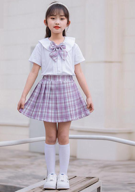 Girls Boys Primary School Uniform Set Children Jk Summer Academy Performance Class Plaid Pleated Skirt Short Sleeve Shirt Suit: girls / 130cm