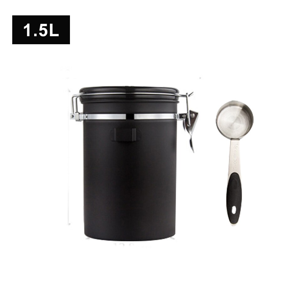 Moisture-proof Stainless Steel Sealed Tank Storage Tank Coffee Bean Milk Powder Jar Tea Pot Kitchen Grains Storage Box: Black 1.5L