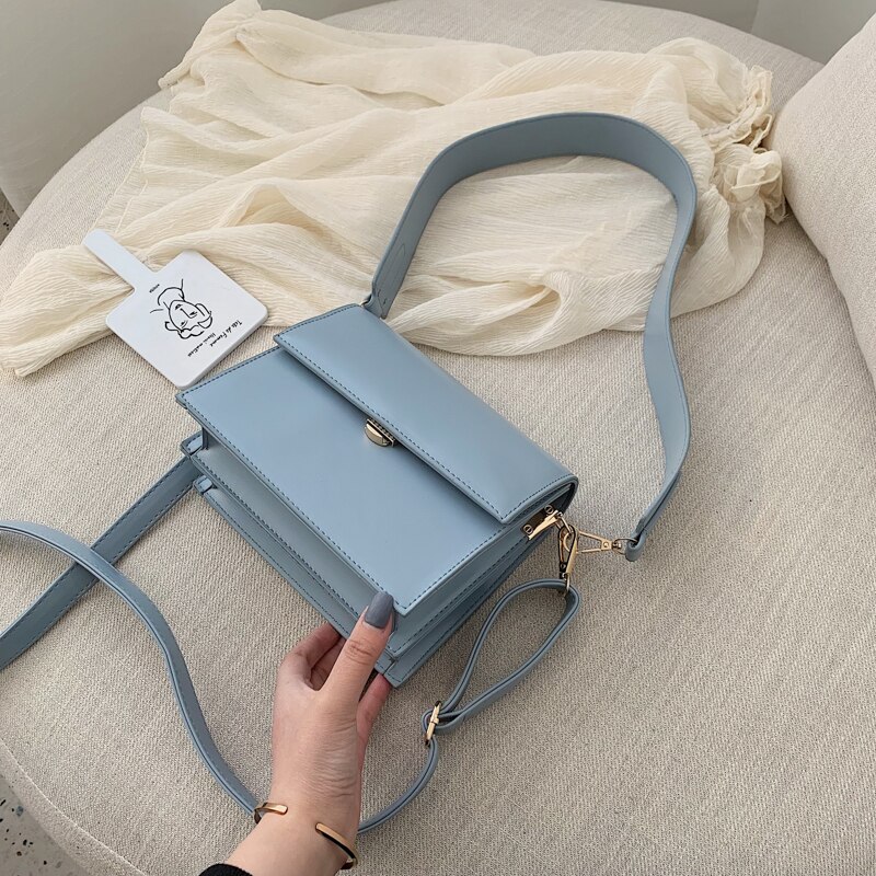 Rétro décontracté rabat carré sac nouvelle en cuir PU femmes concepteur sac à main large bandoulière sacs à bandoulière: Bleu