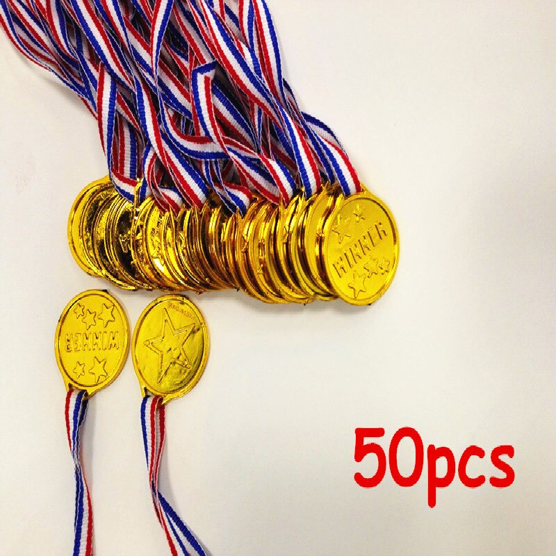 MrY 50pcs Kids Children Gold Plastic Winners Medals Sports Day Party Bag Prize Awards Toys For Kids Party Fun Photo Props