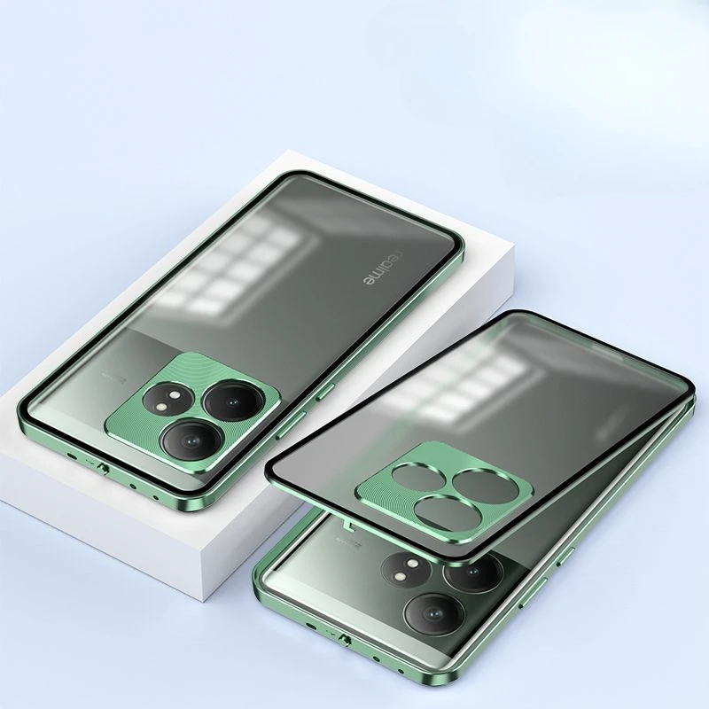 Funda de aleación de aluminio para Realme GT6 GT 6T Neo6 SE, Fundas de vidrio magnéticas para Realme GT 6 Neo 6, Funda de parachoques mate a prueba de golpes: Aluminio / Verde