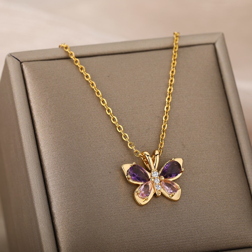 Nette Schmetterling Halskette Für Frauen Kristall Lila Schmetterling Ästhetischen Halsketten Charme Halsband Partei Edelstahl Schmuck