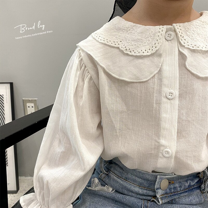 Camisa blanca pura de para chicas otoño contrajo la nueva camisa suelta de manga de encaje camiseta para niños: 4T