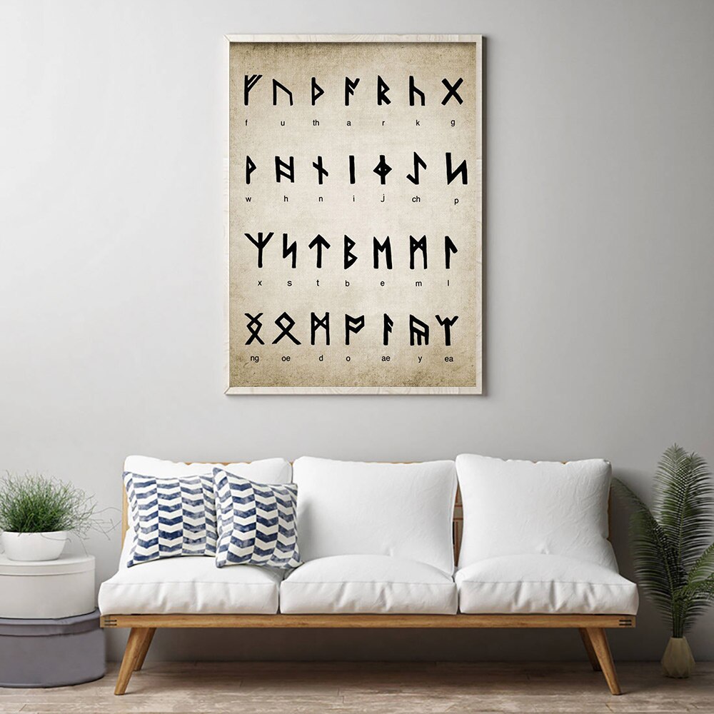 Runic Alfabeto Divinazione Vernice Vintage Poster di Scrittura Magia Vichingo Old Norse Lingua di Stampa Immagine della Parete Della Pittura Complementi Arredo Casa