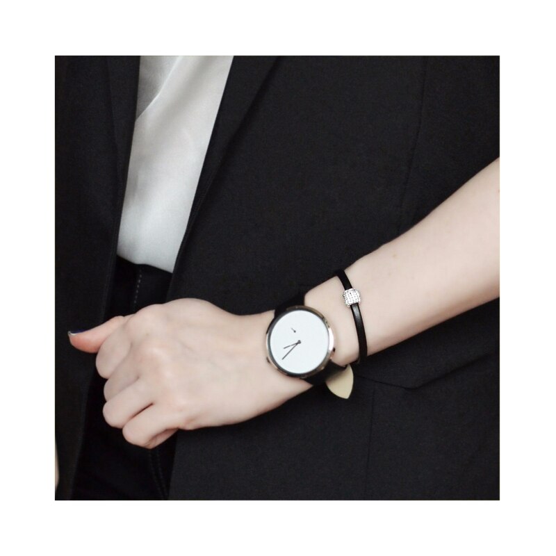 LUOTEEMI Trend Leather Simple Geometric Zircon Bead Handmade Charm Bracelets &amp; Bangles for Women Trendy Black PU Leather Jewelry