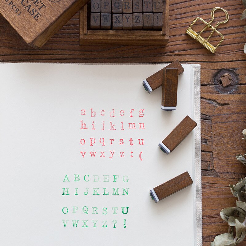 Alphabet Stamp Box Lower Case or Upper Case Letter Hand Writing Stamp Antique Wooden Rubber Stamp with Case 28 Characters