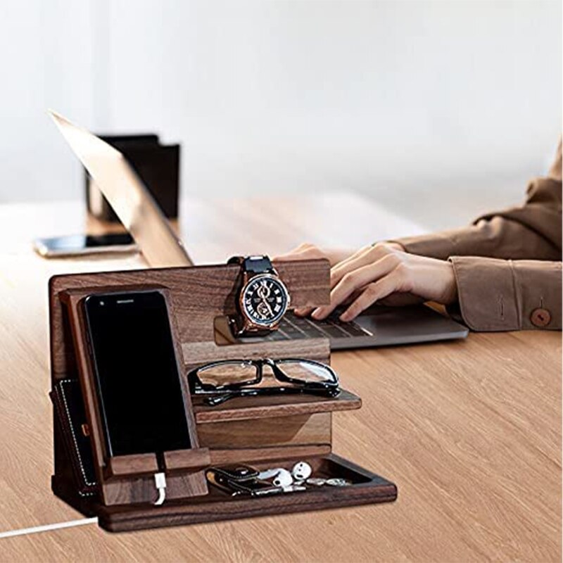 Wooden Phone Holder Docking Station Wallet Stand Watches Purse Glasses Key Desk Display Organizer Bedside Nightstand