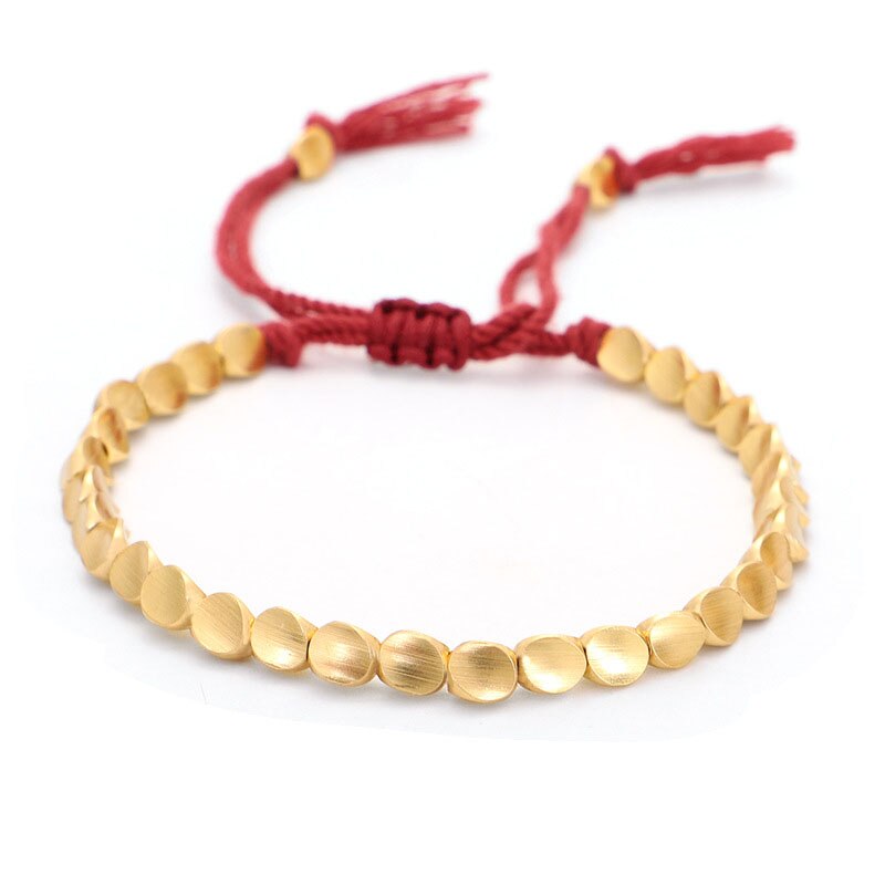 Pulseira tibetana feita à mão de cobre com miçangas, para mulheres, corda ajustável, pulseiras masculinas, cor dourada trançada, boho, joia vintage, presente: Dark Red