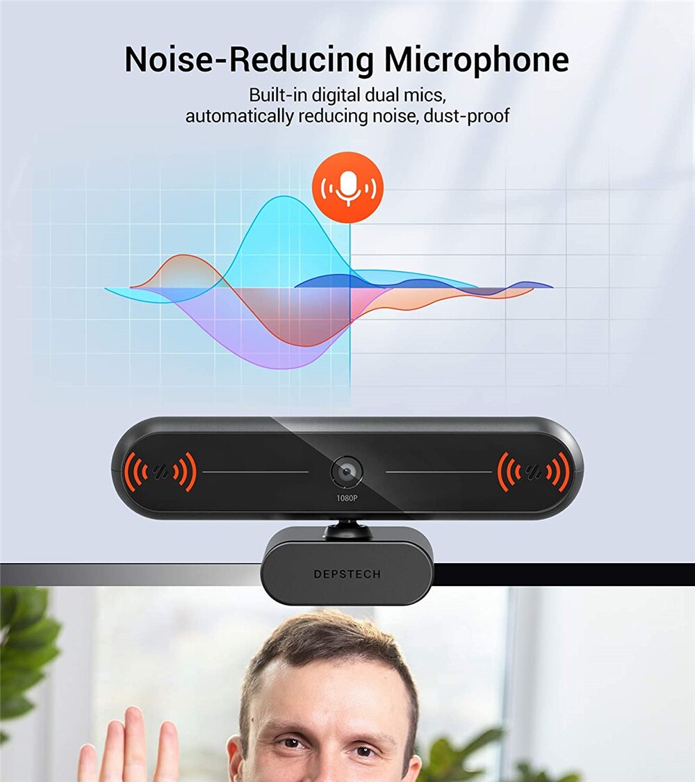 DEPSTECH 1080P 30fps Webcam with Dual Microphone Cover and Tripod Auto Light Correct USB Mini Web Camera for PC Desktop Laptop