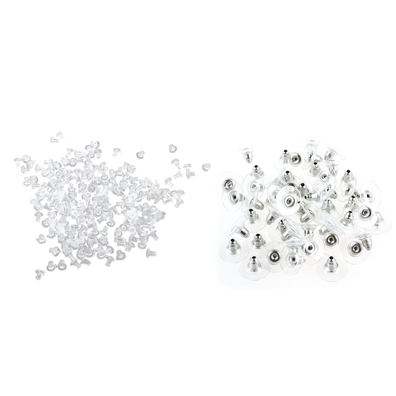 200 Pcs Plastic Oorbellen Sluiting 5 Mm & 50 Stuks Zilveren Trompet Rubber Bullet Koppeling Clear Earring Veiligheid Backs Oorbel keepers Abo