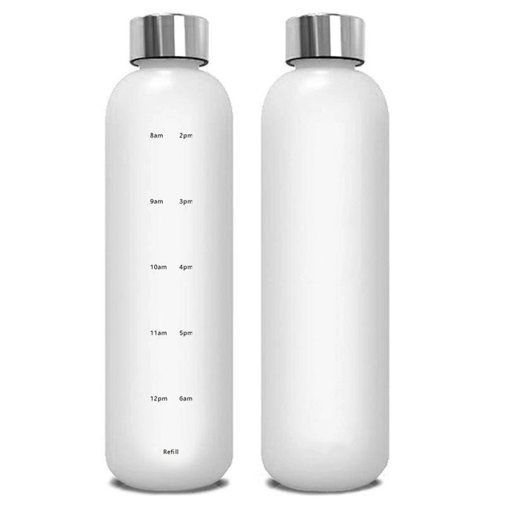 Plastik Platz Tasse groß-Kapazität transparent gefrostet Wasser Tasse Kupfer Deckel Wasser Flasche mit Zeit Marker 1000ML