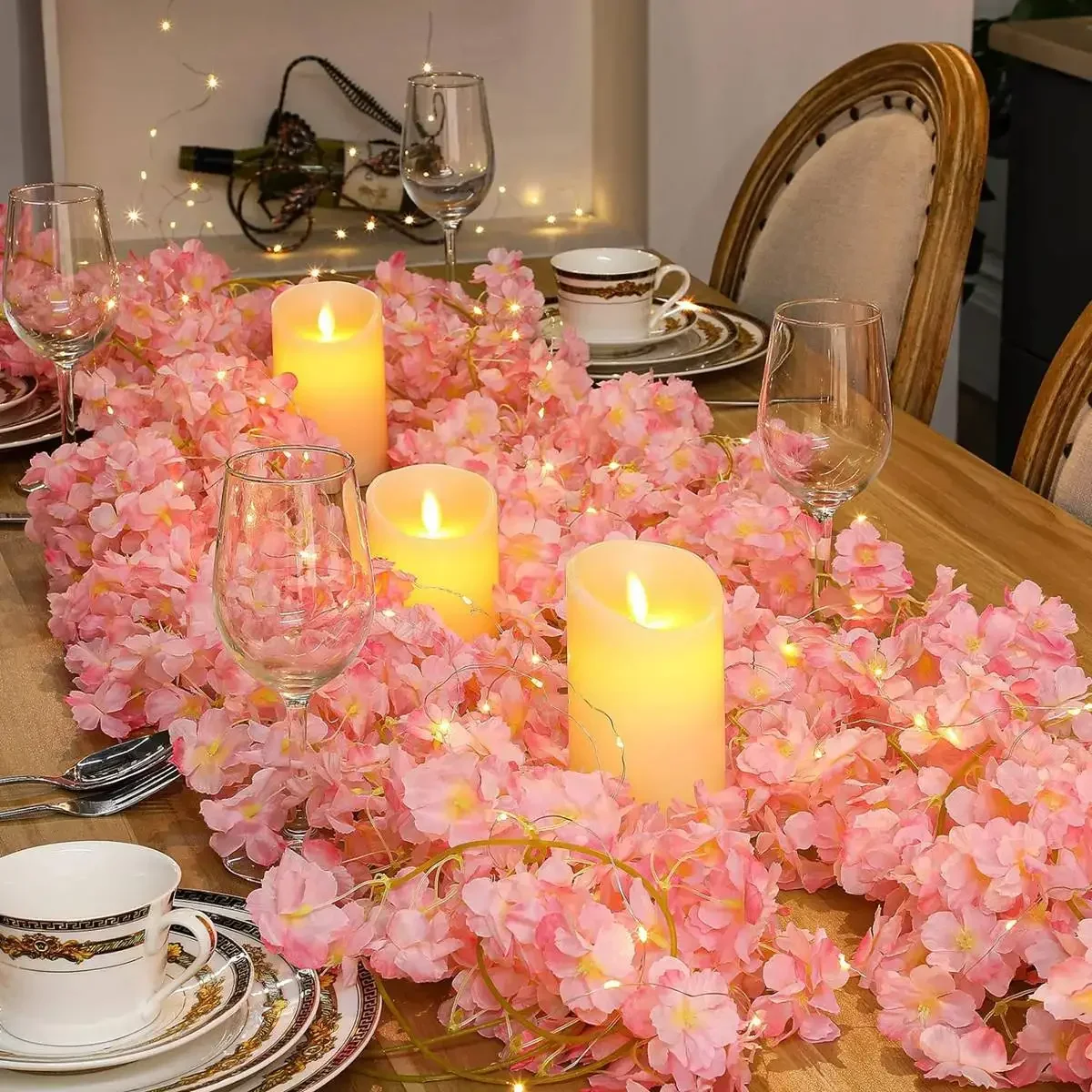 Guirnalda de luces de flor de cerezo rosa, 2M, 20LED, guirnalda de flores artificiales, enredaderas, luces de hadas para dormitorio, decoración del banquete de boda