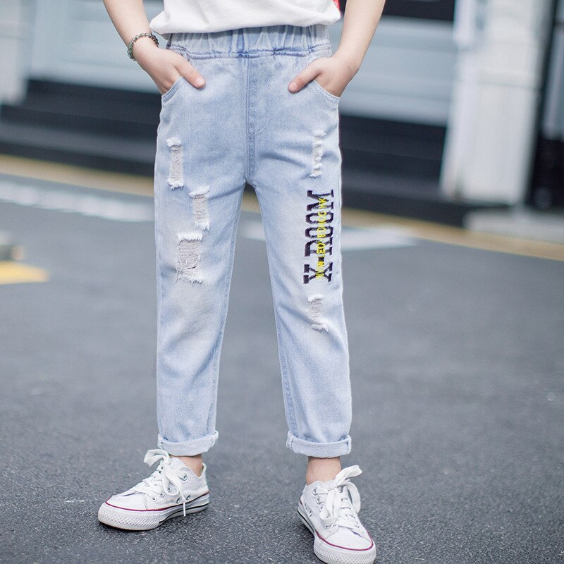 Pantalones vaqueros rotos para bebés y niños, Jeans desgastados ajustados de cintura media, Primavera,