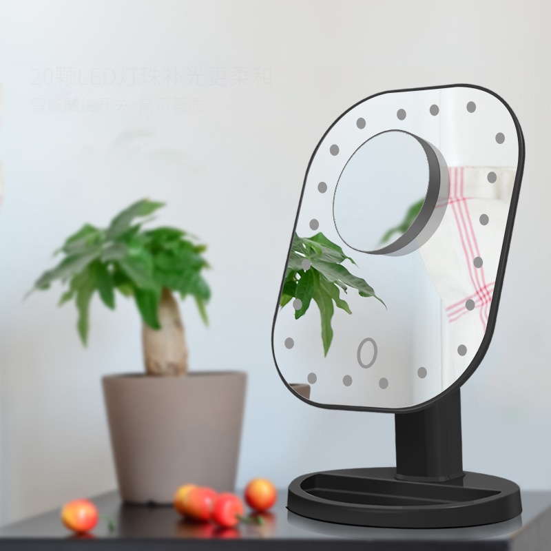 Lumière de nuit, écran tactile avec loupe, 20 perles LED, lampe de Table, réglable à intensité variable, double alimentation, miroir de maquillage à Led