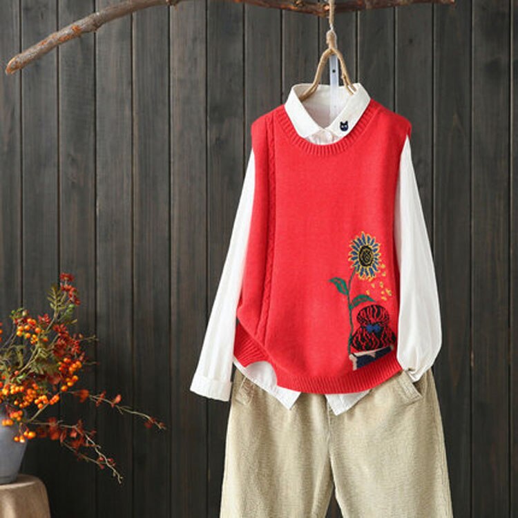 Chaleco con estampado de girasoles y bordado literario para chicas, jerséis tejidos para mujeres, Tops sin mangas, chalecos, jerséis con cuello ovalado informal