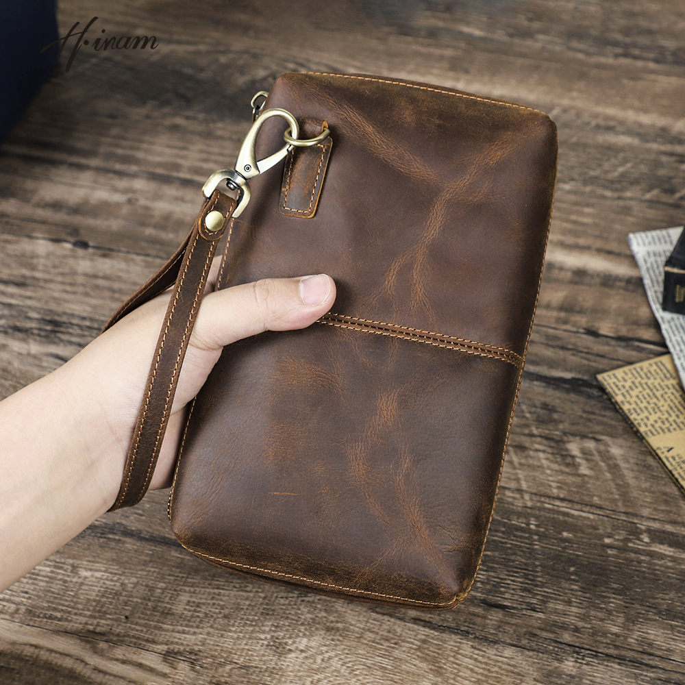 Vintage heren clutch bags RFID echte Crazy Horse lederen handtas mannelijke lange geldportefeuilles telefoonzakje man clutch portemonnee