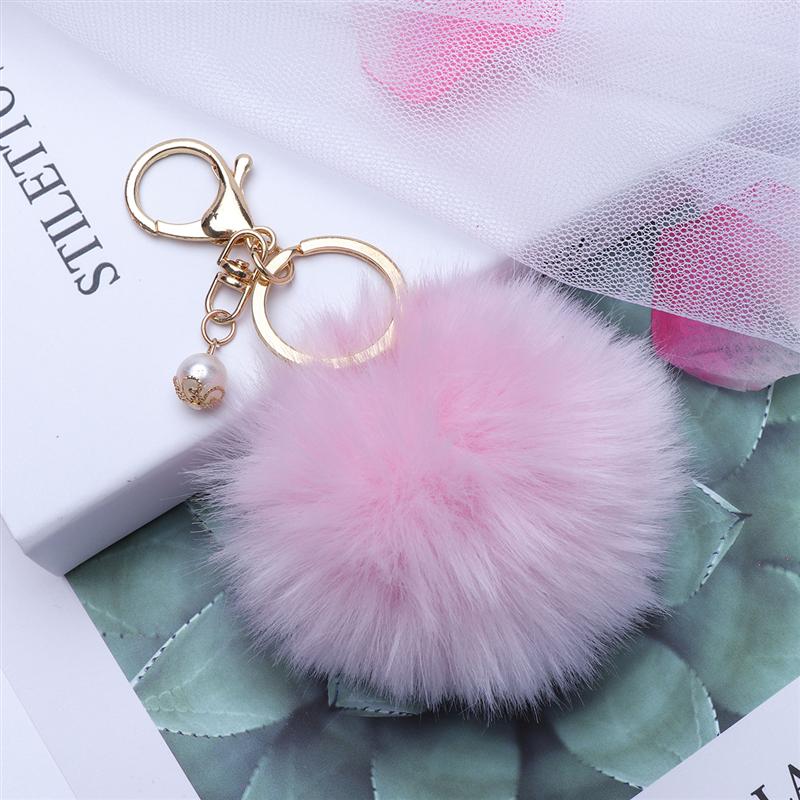Enfärgad fluffig boll pom pom boll nyckelring berlocker hänge för handväska nyckelring bilinteriör tillbehör nyckelringar (rosa)